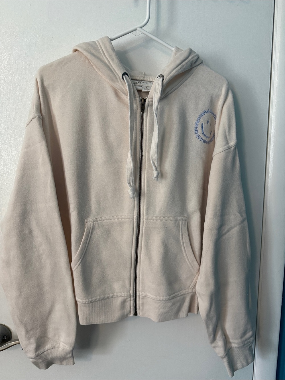 Wimene Cream Zip-Up Hoodie with Smiley Print